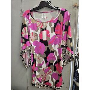 Trina Turk Pink White Black Floral Wide 3/4 Sleeve Tunic Dress Size Medium